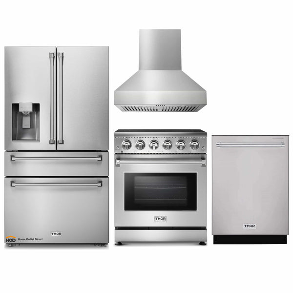 Thor Kitchen 4-Piece Appliance Package - 30-Inch Electric Range, Refrigerator with Water Dispenser, Pro-Style Wall Mount Hood, & Dishwasher in Stainless Steel