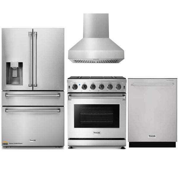 Thor Kitchen 4-Piece Appliance Package - 30-Inch Gas Range, Refrigerator with Water Dispenser, Pro-Style Wall Mount Hood, & Dishwasher in Stainless Steel