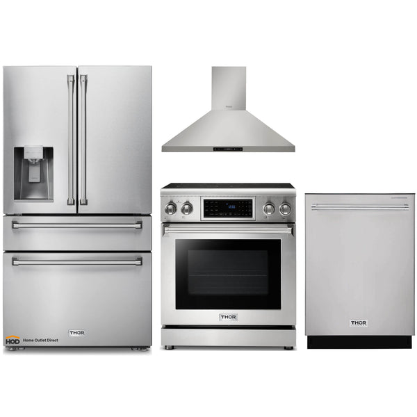 Thor Kitchen 4-Piece Appliance Package - 30-Inch Electric Range with Tilt Panel,  Refrigerator with Water Dispenser, Wall Mount Hood, & Dishwasher in Stainless Steel