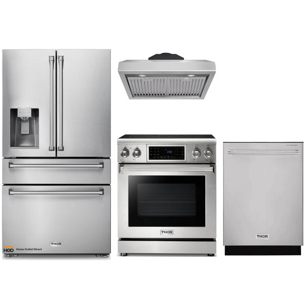 Thor Kitchen 4-Piece Appliance Package - 30-Inch Electric Range with Tilt Panel, Refrigerator with Water Dispenser, Under Cabinet Hood, & Dishwasher in Stainless Steel