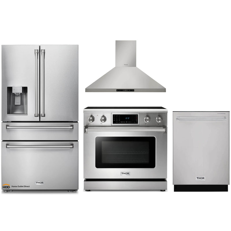 Thor Kitchen 4-Piece Appliance Package - 36-Inch Electric Range with Tilt Panel, Refrigerator with Water Dispenser, Wall Mount Hood, & Dishwasher in Stainless Steel