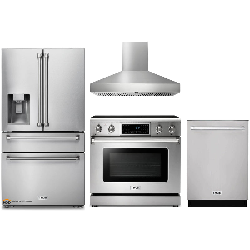 Thor Kitchen 4-Piece Appliance Package - 36-Inch Electric Range with Tilt Panel, Refrigerator with Water Dispenser, Pro-Style Wall Mount Hood, & Dishwasher in Stainless Steel