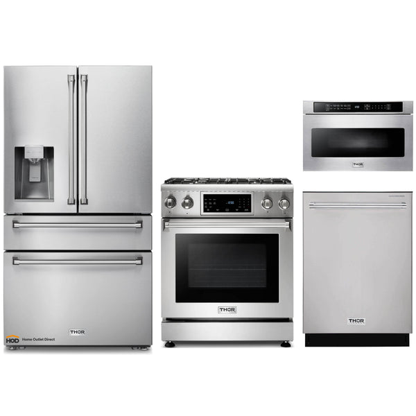 Thor Kitchen 4-Piece Appliance Package - 30-Inch Gas Range with Tilt Panel, Refrigerator with Water Dispenser, Dishwasher, & Microwave Drawer in Stainless Steel