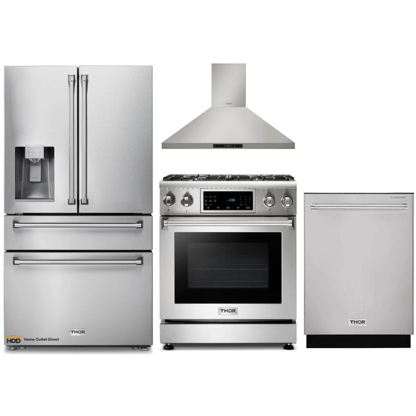Thor Kitchen 4-Piece Appliance Package - 30-Inch Gas Range with Tilt Panel, Refrigerator with Water Dispenser, Wall Mount Hood, & Dishwasher in Stainless Steel