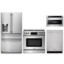 Thor Kitchen 4-Piece Appliance Package - 36-Inch Gas Range with Tilt Panel, Refrigerator with Water Dispenser, Dishwasher, & Microwave Drawer in Stainless Steel