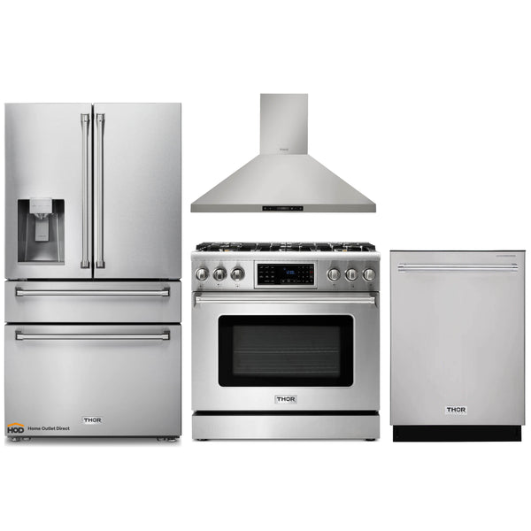 Thor Kitchen 4-Piece Appliance Package - 36-Inch Gas Range with Tilt Panel, Refrigerator with Water Dispenser, Wall Mount Hood, & Dishwasher in Stainless Steel