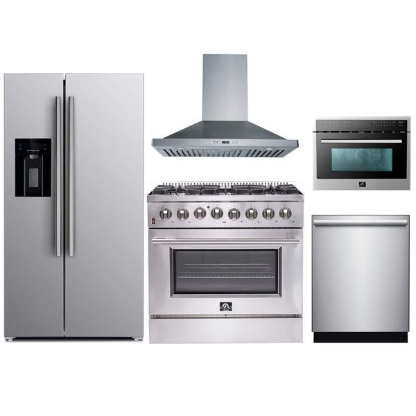 Forno 5-Piece Appliance Package - 36-Inch Dual Fuel Range, Refrigerator with Water Dispenser, Wall Mount Hood, 24-Inch Microwave Oven, & 3-Rack Dishwasher in Stainless Steel