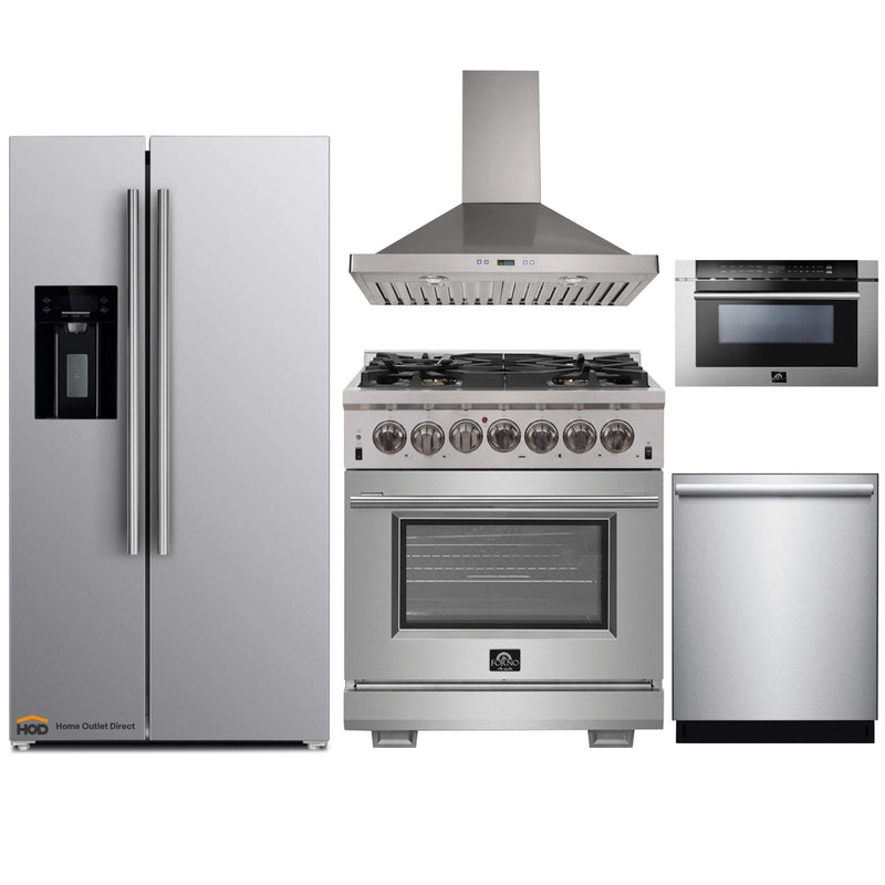 Forno 5-Piece Pro Appliance Package - 30" Dual Fuel Range, 36" Refrigerator with Water Dispenser, Wall Mount Hood, Microwave Drawer, & 3-Rack Dishwasher in Stainless Steel