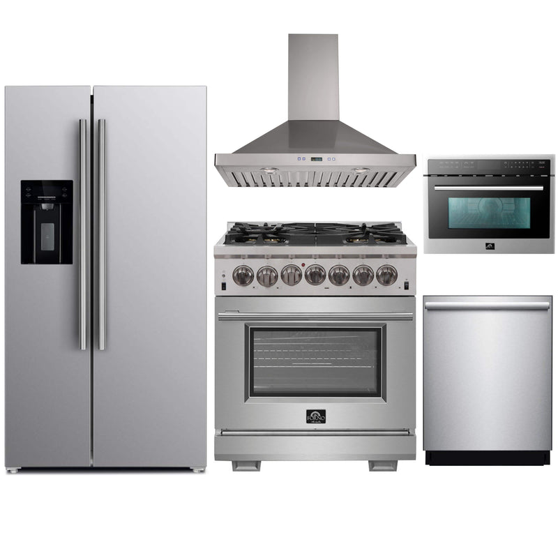 Forno 5-Piece Pro Appliance Package - 30" Dual Fuel Range, 36" Refrigerator with Water Dispenser, Wall Mount Hood, Microwave Oven, & 3-Rack Dishwasher in Stainless Steel