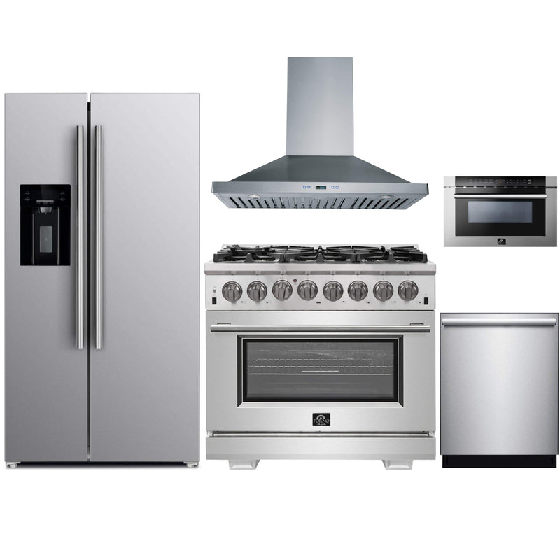 Forno 5-Piece Pro Appliance Package - 36" Dual Fuel Range, 36" Refrigerator with Water Dispenser, Wall Mount Hood, Microwave Drawer, & 3-Rack Dishwasher in Stainless Steel