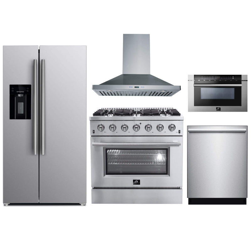 Forno 5-Piece Appliance Package - 36" Gas Range, 36" Refrigerator with Water Dispenser, Wall Mount Hood, Microwave Drawer, & 3-Rack Dishwasher in Stainless Steel