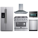 Forno 5-Piece Appliance Package - 36-Inch Gas Range, Refrigerator with Water Dispenser, Wall Mount Hood, 24-Inch Microwave Oven, & 3-Rack Dishwasher in Stainless Steel