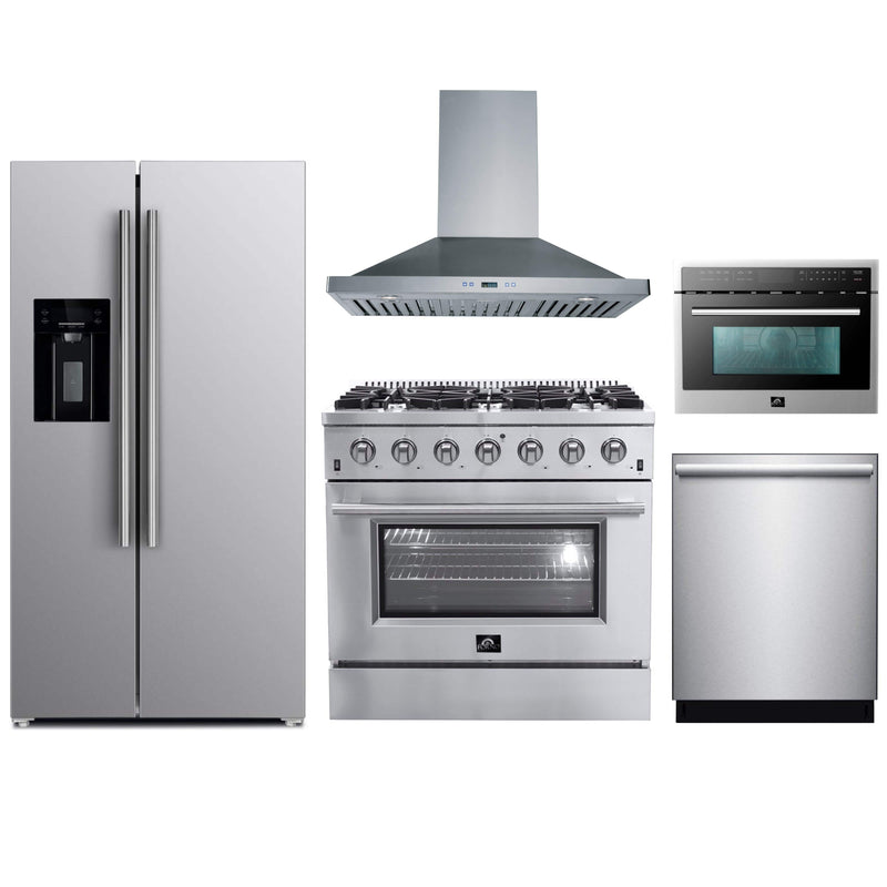 Forno 5-Piece Appliance Package - 36" Gas Range, 36" Refrigerator with Water Dispenser, Wall Mount Hood, Microwave Oven, & 3-Rack Dishwasher in Stainless Steel