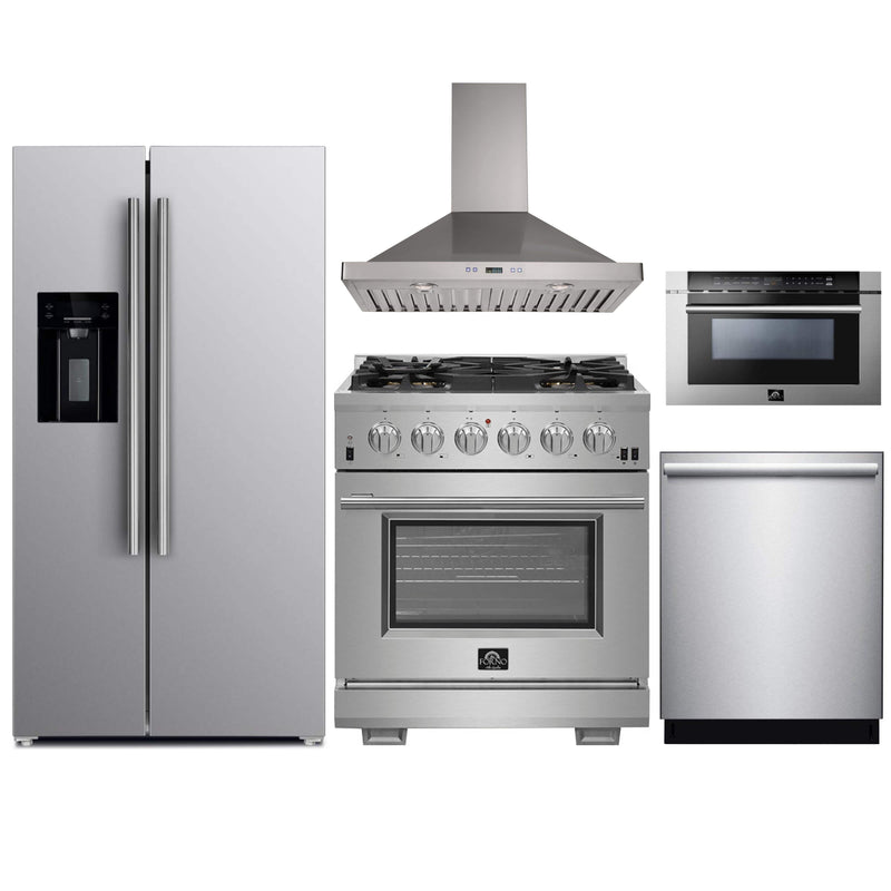 Forno 5-Piece Pro Appliance Package - 30" Gas Range, 36" Refrigerator with Water Dispenser, Wall Mount Hood, Microwave Drawer, & 3-Rack Dishwasher in Stainless Steel