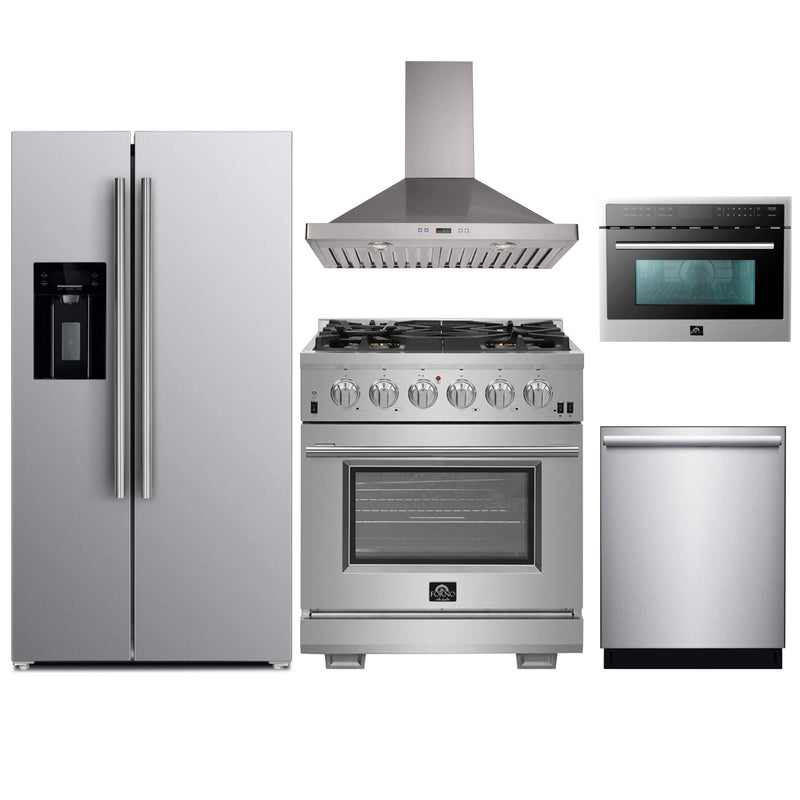 Forno 5-Piece Pro Appliance Package - 30-Inch Gas Range, Refrigerator with Water Dispenser, Wall Mount Hood, 24-Inch Microwave Oven, & 3-Rack Dishwasher in Stainless Steel