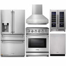 Thor Kitchen 5-Piece Appliance Package - 30-Inch Electric Range, Refrigerator with Water Dispenser, Pro-Style Wall Mount Hood, Dishwasher, & Wine Cooler in Stainless Steel