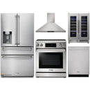Thor Kitchen 5-Piece Appliance Package - 30-Inch Electric Range with Tilt Panel, Refrigerator with Water Dispenser, Wall Mount Hood, Dishwasher, & Wine Cooler in Stainless Steel