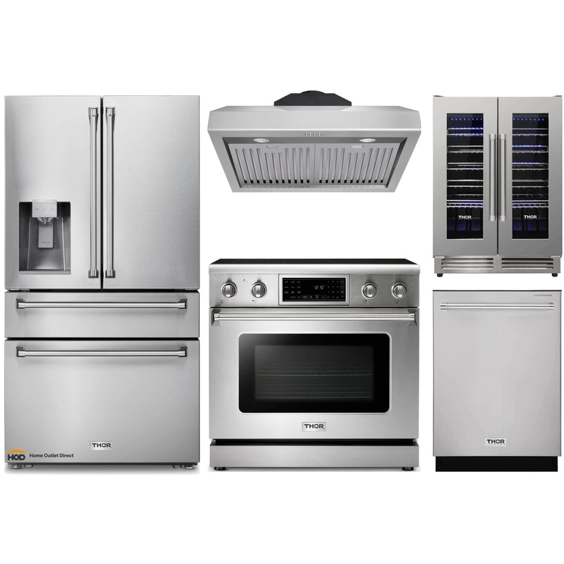 Thor Kitchen 5-Piece Appliance Package - 36-Inch Electric Range with Tilt Panel, Refrigerator with Water Dispenser, Under Cabinet Hood, Dishwasher, & Wine Cooler in Stainless Steel