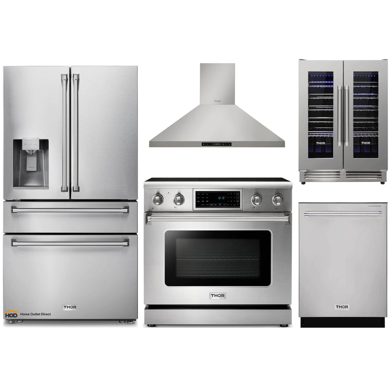 Thor Kitchen 5-Piece Appliance Package - 36-Inch Electric Range with Tilt Panel, Refrigerator with Water Dispenser, Wall Mount Hood, Dishwasher, & Wine Cooler in Stainless Steel