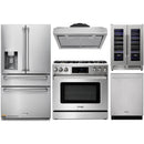 Thor Kitchen 5-Piece Appliance Package - 36-Inch Gas Range with Tilt Panel, Refrigerator with Water Dispenser, Under Cabinet Hood, Dishwasher, & Wine Cooler in Stainless Steel