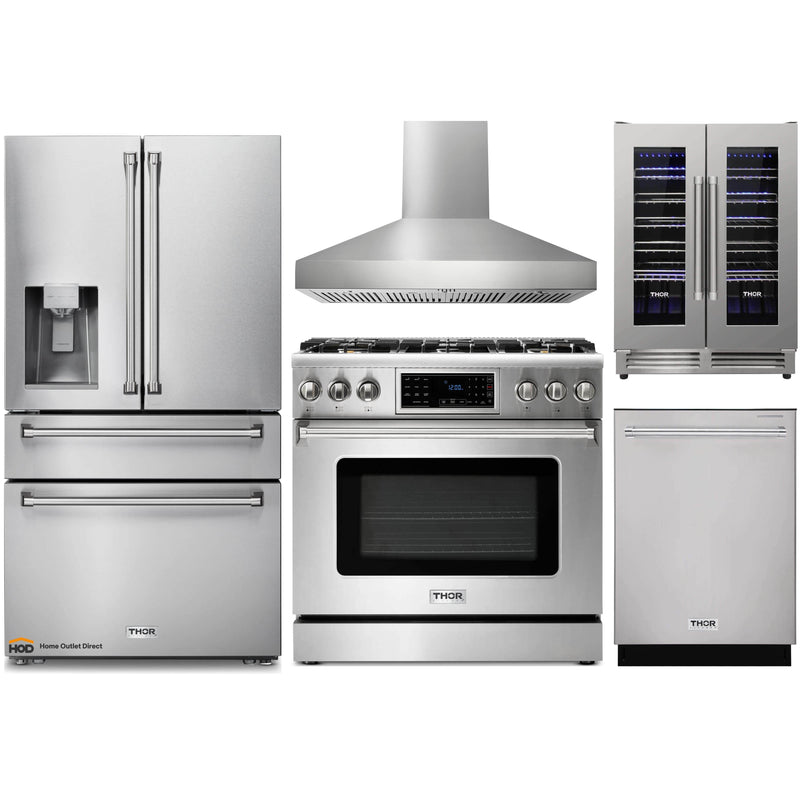 Thor Kitchen 5-Piece Appliance Package - 36-Inch Gas Range with Tilt Panel, Refrigerator with Water Dispenser, Pro-Style Wall Mount Hood, Dishwasher, & Wine Cooler in Stainless Steel
