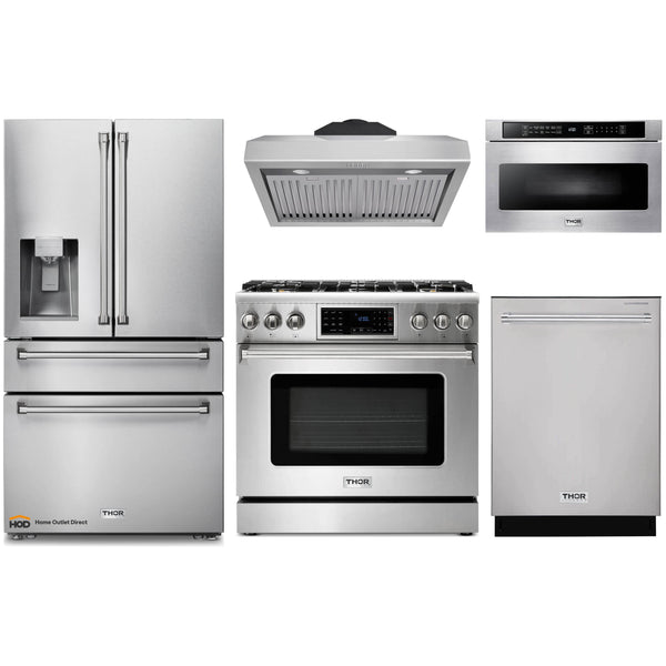 Thor Kitchen 5-Piece Appliance Package - 36-Inch Gas Range with Tilt Panel, Refrigerator with Water Dispenser, Under Cabinet Hood, Dishwasher, & Microwave Drawer in Stainless Steel