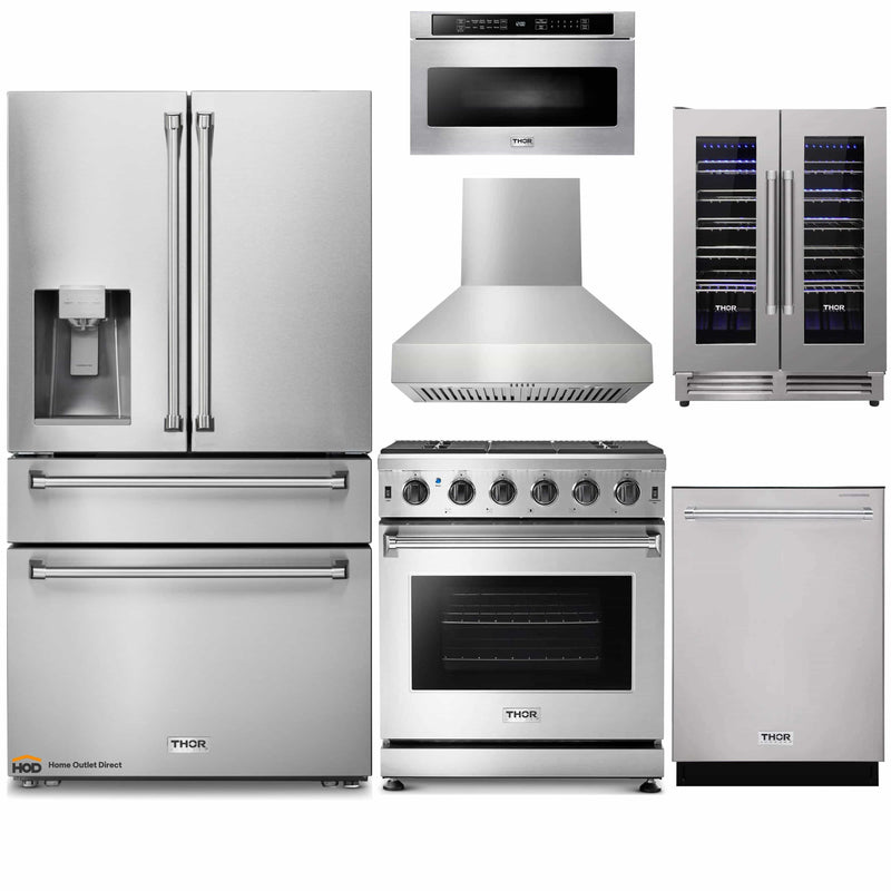 Thor Kitchen 6-Piece Appliance Package - 30-Inch Gas Range, Refrigerator with Water Dispenser, Pro-Style Wall Mount Hood, Dishwasher, Microwave Drawer, & Wine Cooler in Stainless Steel