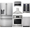 Thor Kitchen 6-Piece Appliance Package - 30-Inch Electric Range with Tilt Panel, Refrigerator with Water Dispenser, Wall Mount Hood, Dishwasher, Microwave Drawer, & Wine Cooler in Stainless Steel