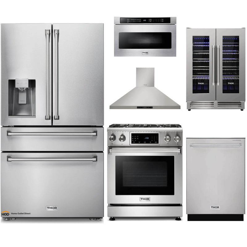 Thor Kitchen 6-Piece Appliance Package - 30-Inch Gas Range with Tilt Panel, Refrigerator with Water Dispenser, Wall Mount Hood, Dishwasher, Microwave Drawer, & Wine Cooler in Stainless Steel