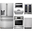 Thor Kitchen 6-Piece Appliance Package - 30-Inch Gas Range with Tilt Panel, Refrigerator with Water Dispenser, Under Cabinet Hood, Dishwasher, Microwave Drawer, & Wine Cooler in Stainless Steel
