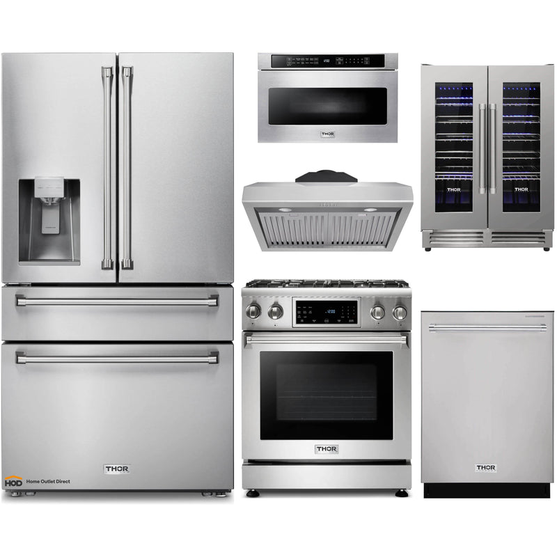 Thor Kitchen 6-Piece Appliance Package - 30-Inch Gas Range with Tilt Panel, Refrigerator with Water Dispenser, Under Cabinet Hood, Dishwasher, Microwave Drawer, & Wine Cooler in Stainless Steel