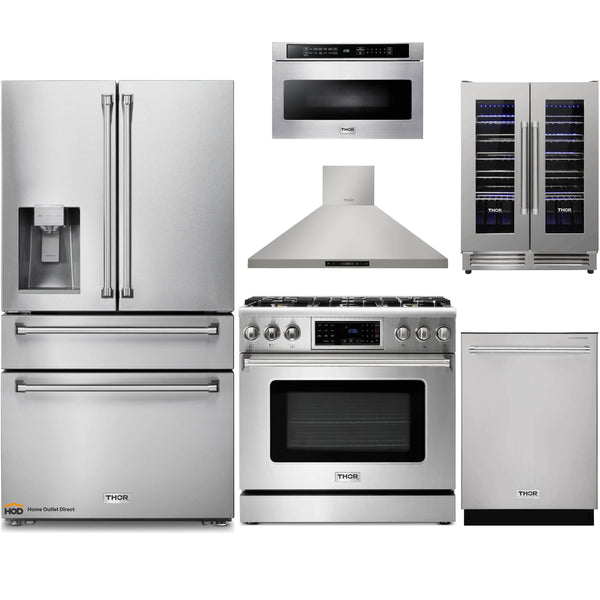Thor Kitchen 6-Piece Appliance Package - 36-Inch Gas Range with Tilt Panel, Refrigerator with Water Dispenser, Wall Mount Hood, Dishwasher, Microwave Drawer, & Wine Cooler in Stainless Steel