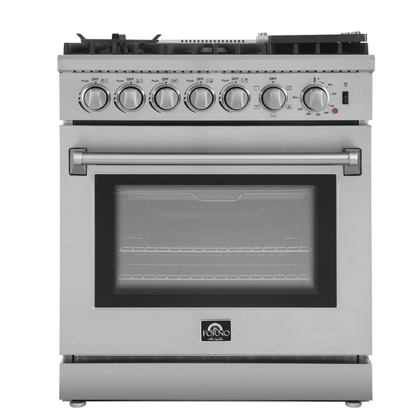 Forno Breno 30" Dual Fuel Range with 5 Sealed Burner in Stainless Steel with Air Fryer, Wok Ring, & Reversible Griddle (FFSGS6196-30)
