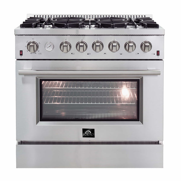 Forno 36" Galiano Gas Range with 6 Burners, Griddle, Wok Ring, Temperature Gauge, and Airfryer in Stainless Steel (FFSGS6291-36)