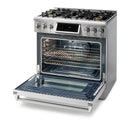 Thor Kitchen 5-Piece Appliance Package - 36-Inch Gas Range with Tilt Panel, Refrigerator with Water Dispenser, Wall Mount Hood, Dishwasher, & Microwave Drawer in Stainless Steel