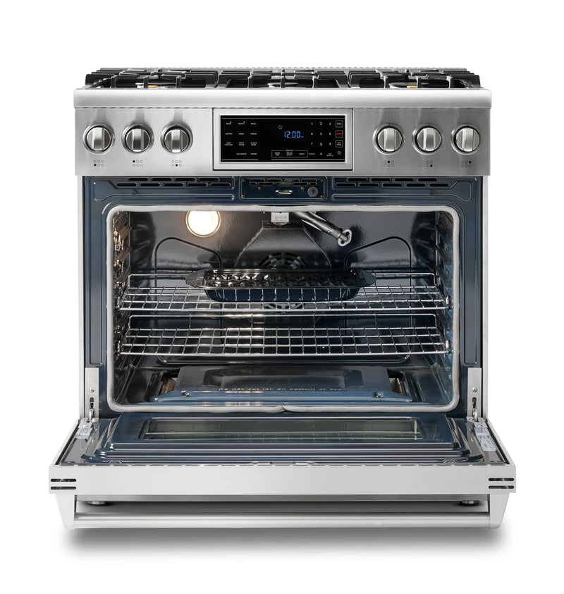 Thor Kitchen 2-Piece Appliance Package - 36" Gas Range with Tilt Panel & Premium Under Cabinet Hood in Stainless Steel