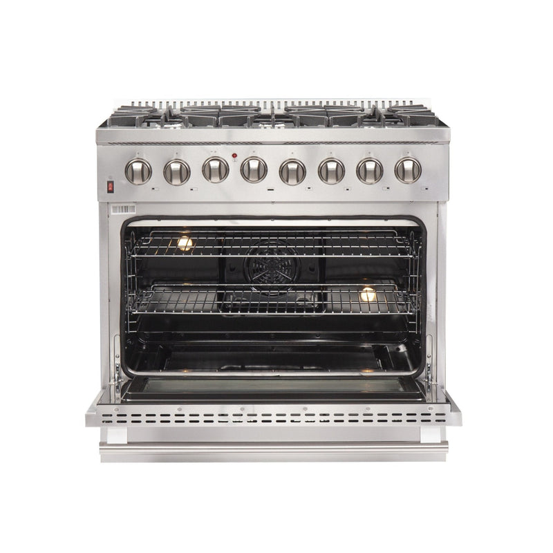Forno 3-Piece Appliance Package - 36" Dual Fuel Range, French Door Refrigerator, and Dishwasher in Stainless Steel Appliance Package Forno 