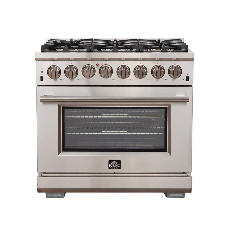 Forno 3-Piece Pro Appliance Package - 36" Dual Fuel Range, Pro-Style Refrigerator, and Dishwasher in Stainless Steel Appliance Package Forno 