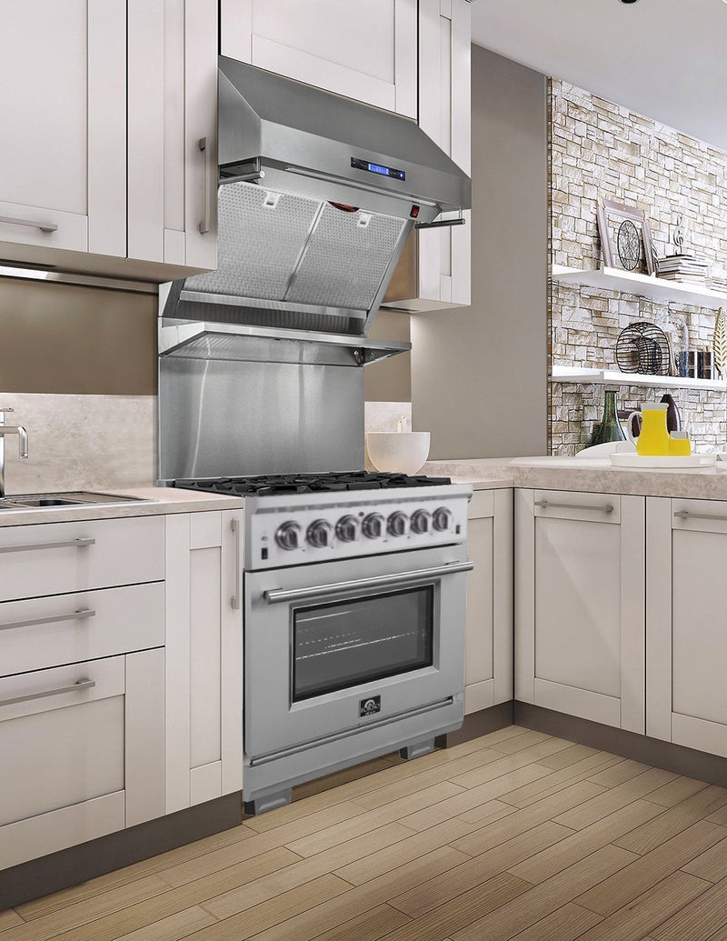 Forno 3-Piece Appliance Package - 30-Inch Dual Fuel Range, 60-Inch Pro-Style Refrigerator & Wall Mount Hood with Backsplash in Stainless Steel