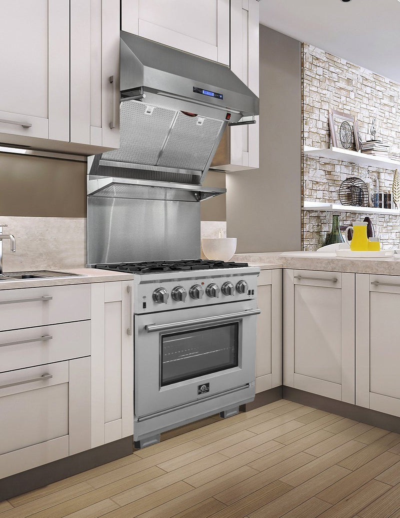 Forno 3-Piece Appliance Package - 30-Inch Gas Range, 60-Inch Pro-Style Refrigerator & Wall Mount Hood with Backsplash in Stainless Steel