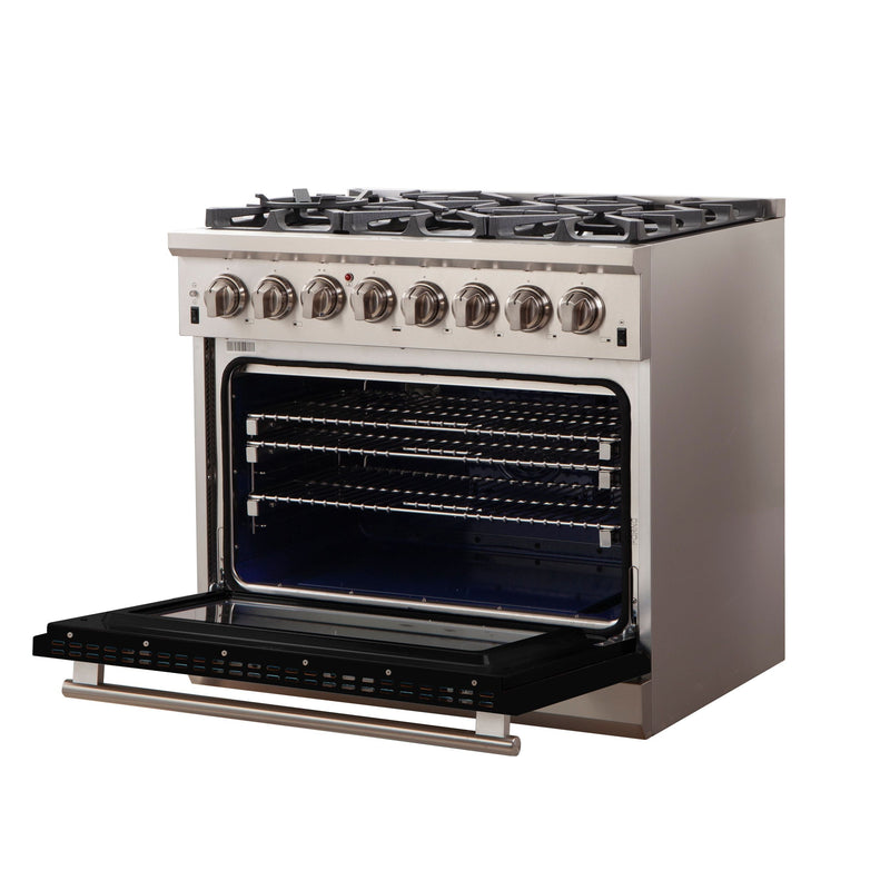 Forno 36" Capriasca Dual Fuel Range with 6 Gas Burners and 240v Electric Oven in Stainless Steel with Black Door (FFSGS6187-36BLK) Ranges Forno 