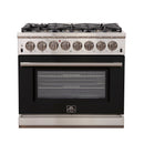 Forno 36" Capriasca Dual Fuel Range with 6 Gas Burners and 240v Electric Oven in Stainless Steel with Black Door (FFSGS6187-36BLK) Ranges Forno 
