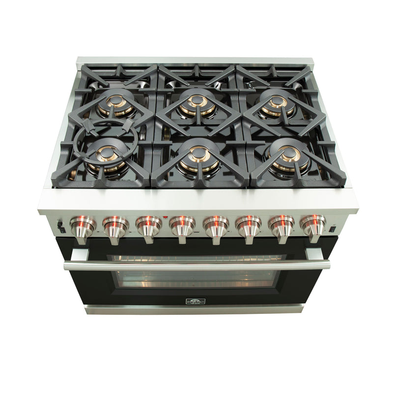 Forno 36" Capriasca Dual Fuel Range with 6 Gas Burners and 240v Electric Oven in Stainless Steel with Black Door (FFSGS6187-36BLK) Ranges Forno 