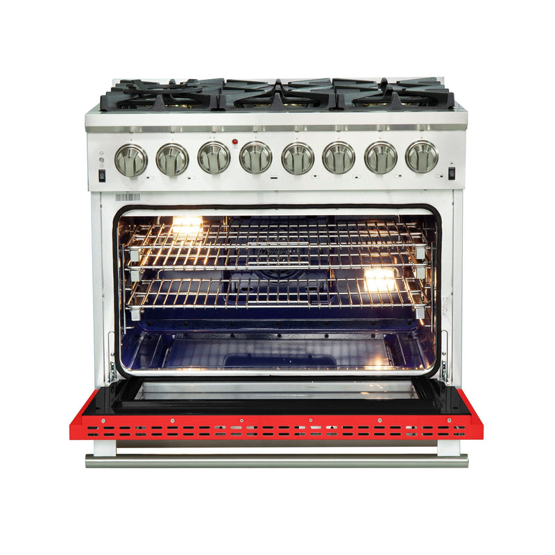 Forno 36" Capriasca Dual Fuel Range with 6 Gas Burners and 240v Electric Oven in Stainless Steel with Red Door (FFSGS6187-36RED) Ranges Forno 