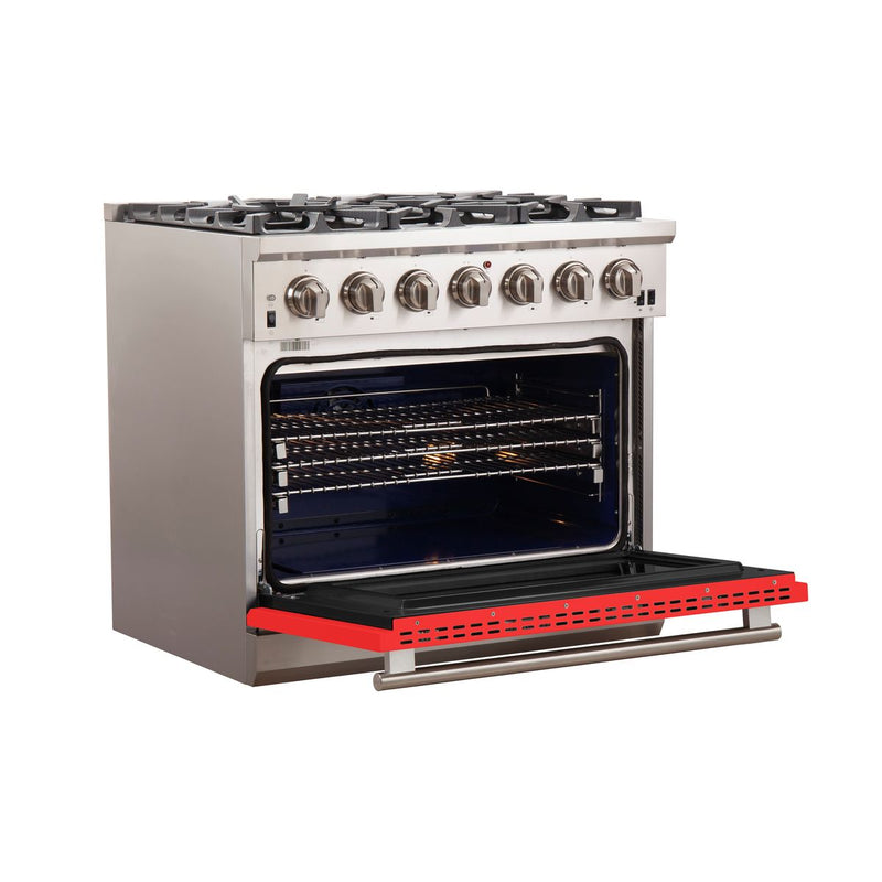 Forno 36" Capriasca Gas Range with 6 Burners and Convection Oven in Stainless Steel with Red Door (FFSGS6260-36RED) Ranges Forno 