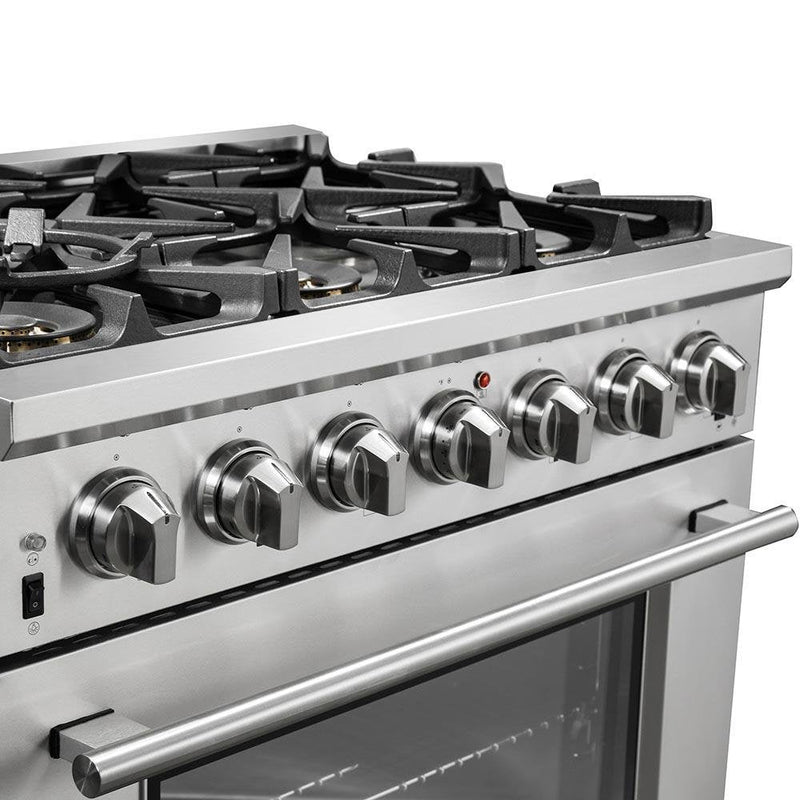 Forno 3-Piece Appliance Package - 36-Inch Gas Range, 60-Inch Pro-Style Refrigerator & Wall Mount Hood with Backsplash in Stainless Steel