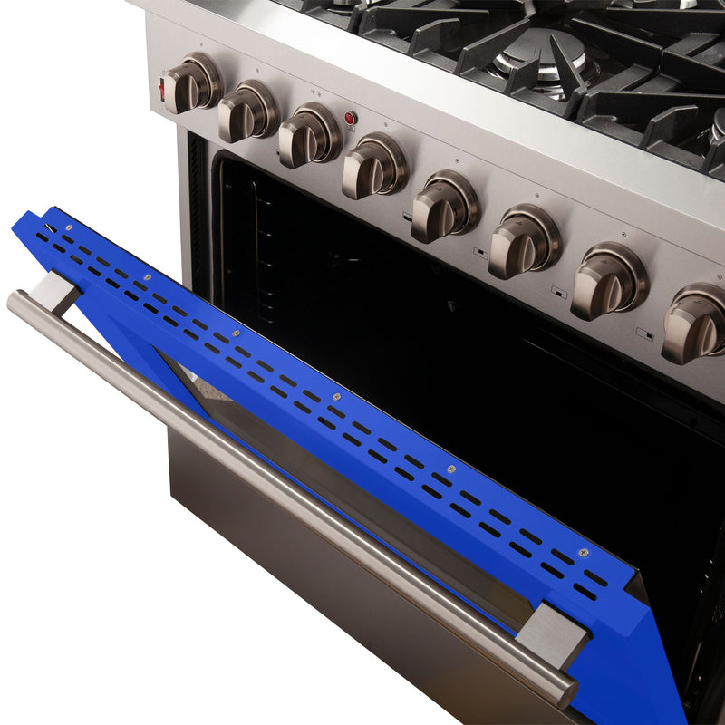 Forno 36" Galiano Dual Fuel Range with 6 Gas Burners and 240v Electric Oven in Stainless Steel with Blue Door (FFSGS6156-36BLU) Ranges Forno 