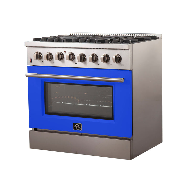 Forno 36" Galiano Dual Fuel Range with 6 Gas Burners and 240v Electric Oven in Stainless Steel with Blue Door (FFSGS6156-36BLU) Ranges Forno 