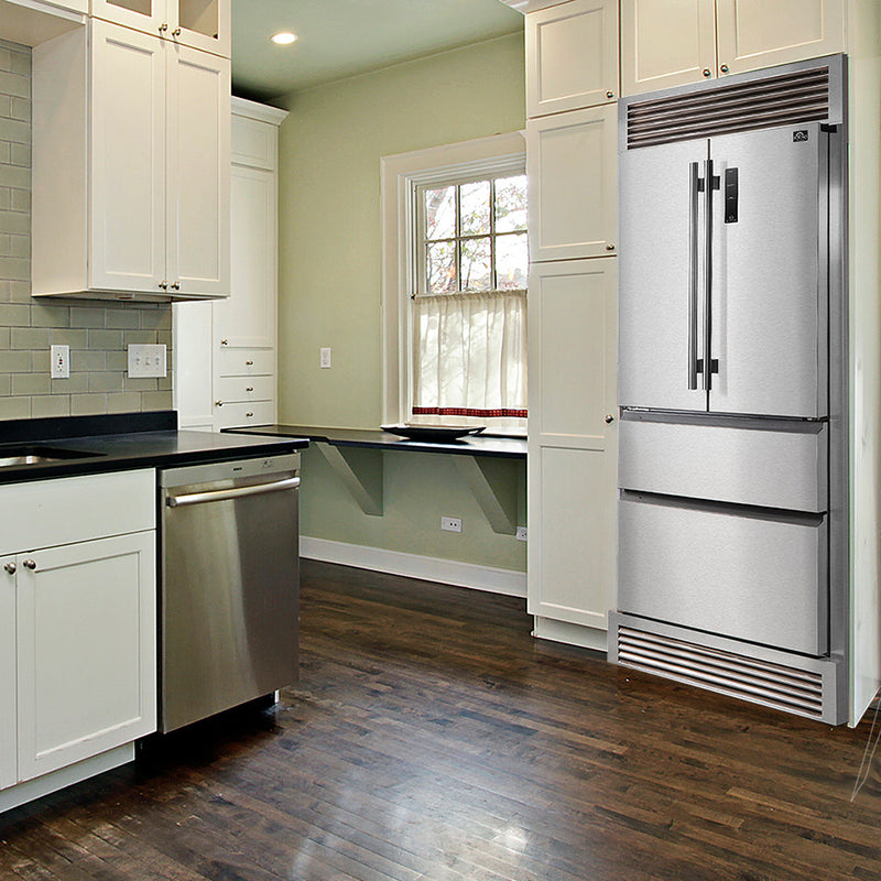 Forno 37" Bovino Built-In Counter Depth French Door Refrigerator with 19 Cu.Ft., No Frost, in Stainless Steel with Decorative Grill (FFFD1907-37SG) Refrigerators Forno 