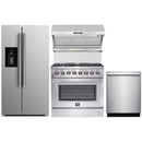 Forno 4-Piece Appliance Package - 36" Dual Fuel Range, 36" Refrigerator with Water Dispenser, Wall Mount Hood with Backsplash, & 3-Rack Dishwasher in Stainless Steel Appliance Package Forno 